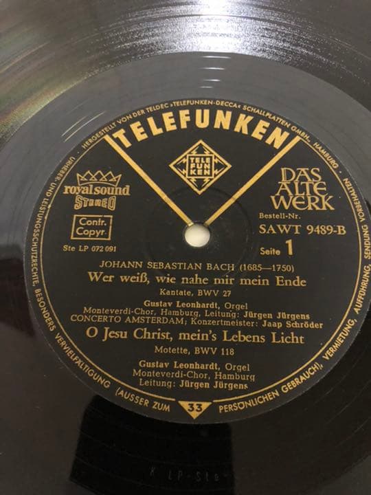 ドイツ本国テレフンケン盤　LPバッハ　カンター1966年製　指揮ユルゲン